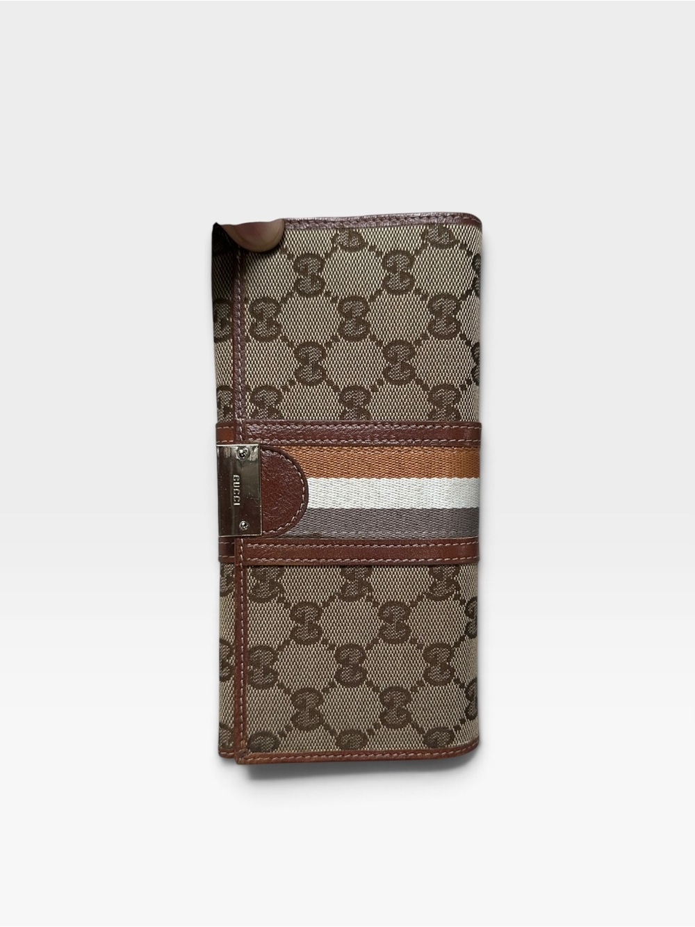 Vintage Gucci Monogram Neutral Web Stripe Continental Long Flap Wallet Brown